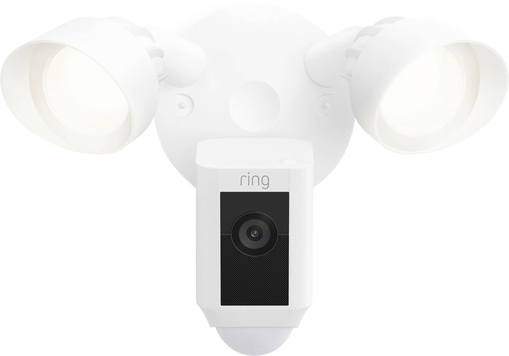 Kamera se dvěma LED reflektory pro venkovní sledování, upevněná na bílém nástěnném držáku.