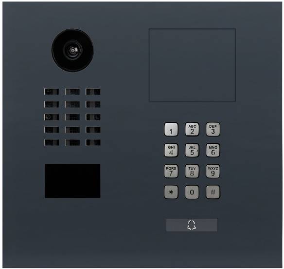 Domovní videotelefon s kamerou, klávesnicí a zvonkovým tlačítkem na tmavém povrchu.