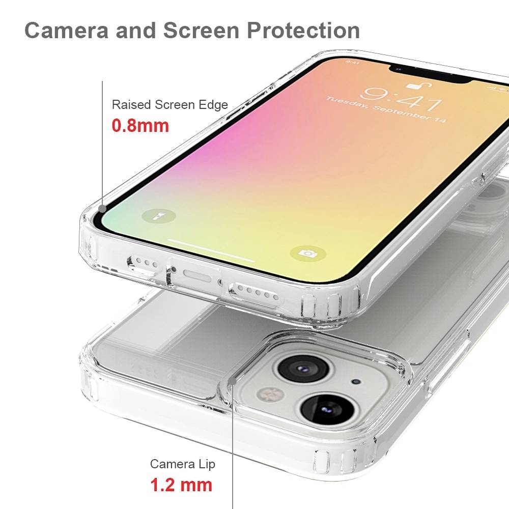 Průhledný kryt na smartphone s vyvýšeným okrajem fotoaparátu (1,2 mm) a obrazovky (0,8 mm) pro lepší ochranu.