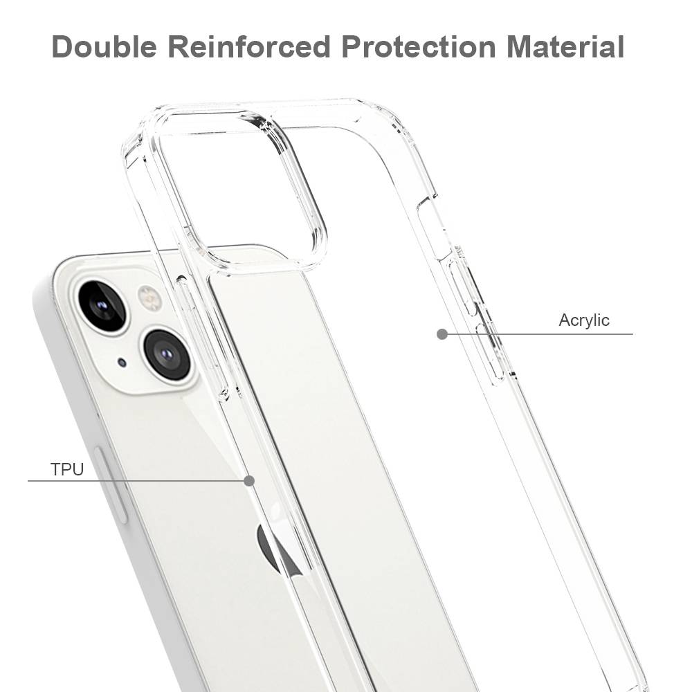 Průhledný mobilní kryt z dvojitě zesíleného ochranného materiálu pro iPhone s obsahem TPU a akrylových složek.