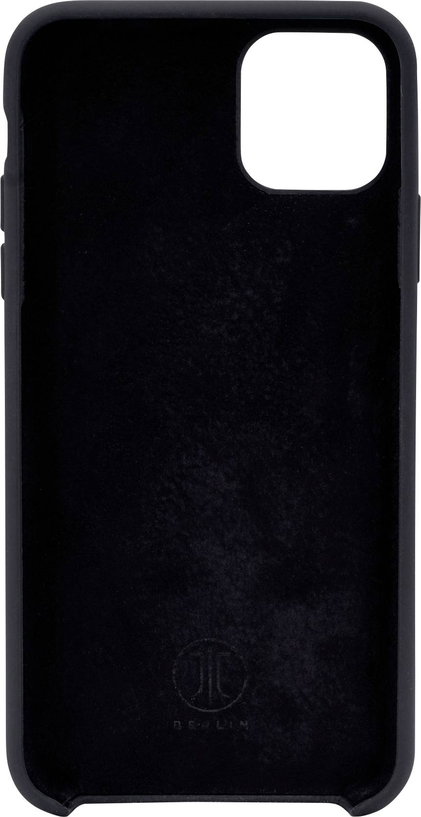 Černý obal na smartphone vyrobený z měkkého materiálu s výřezem pro fotoaparát.