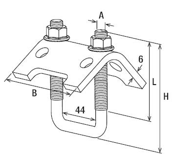 Diagram U-svorky s rozměry: šířka B, výška H, rozteč A a tloušťka 6 mm. U-tvarovaný kovový prvek s maticemi.