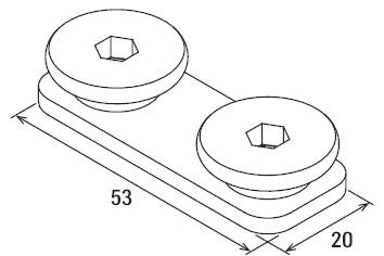 Technický výkres dílu se dvěma kruhovými výstupky, dlouhého 53 mm a širokého 20 mm, se šestihrannými prohlubněmi uprostřed.