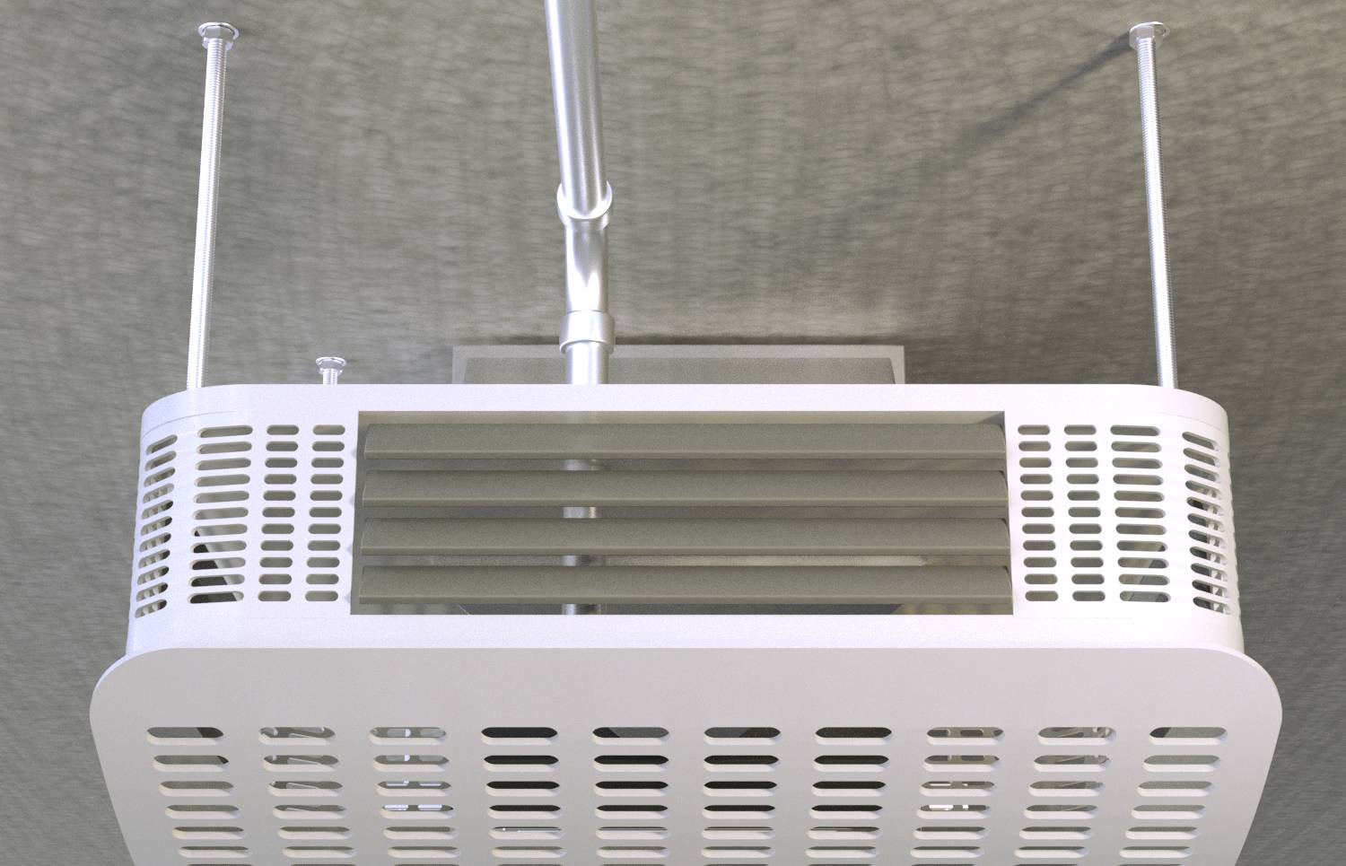 Průmyslový stropní ventilátor v moderním designu z kovu s větracími štěrbinami a dvěma dlouhými rameny, namontovaný na stropě.