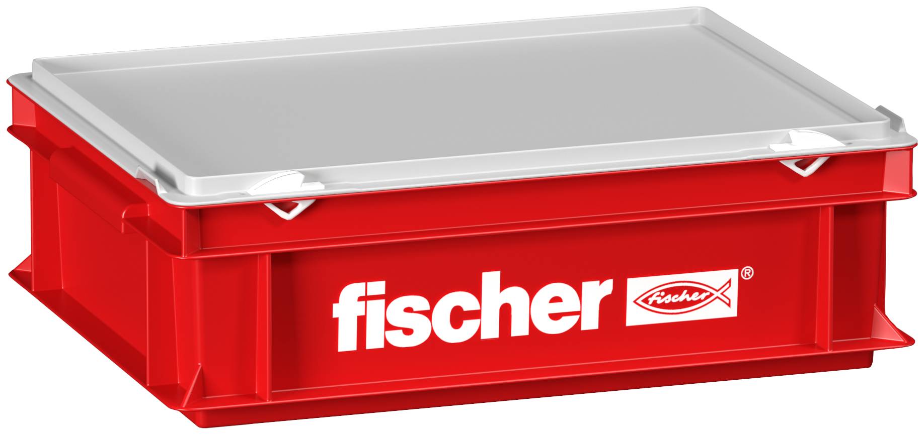 Červená plastová skladovací přepravka s šedým víkem, označená „fischer" na přední straně.