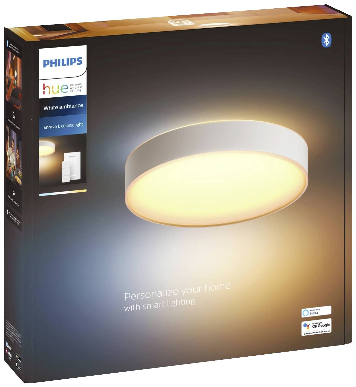 Balení stropní lampy Philips Hue 'White Ambiance'. Kulatá bílá lampa zdůrazňující chytré osvětlení a kompatibilitu s Bluetooth.