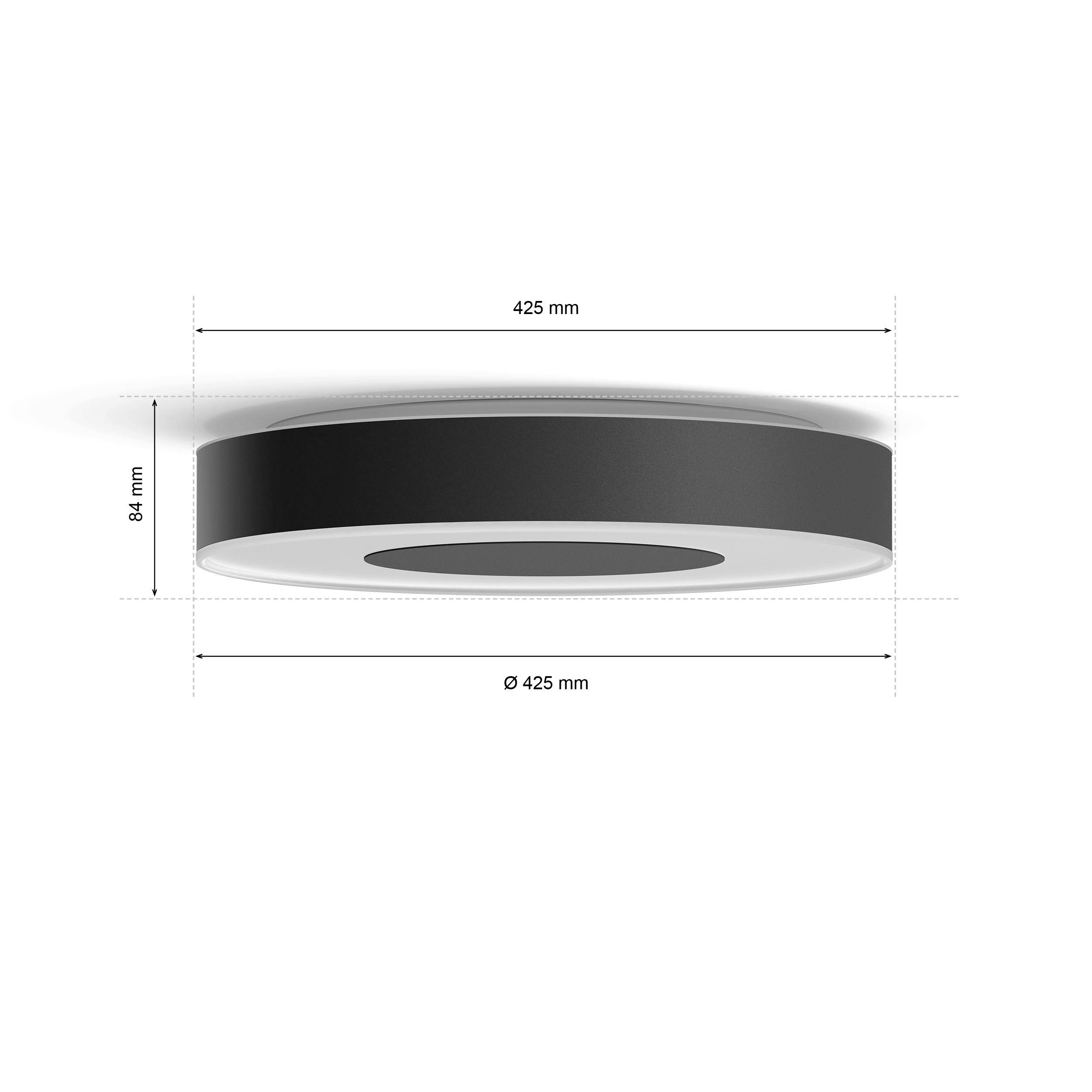 Kulaté stropní svítidlo v černé barvě, průměr 425 mm, výška 84 mm, umístění na stropě znázorněno.