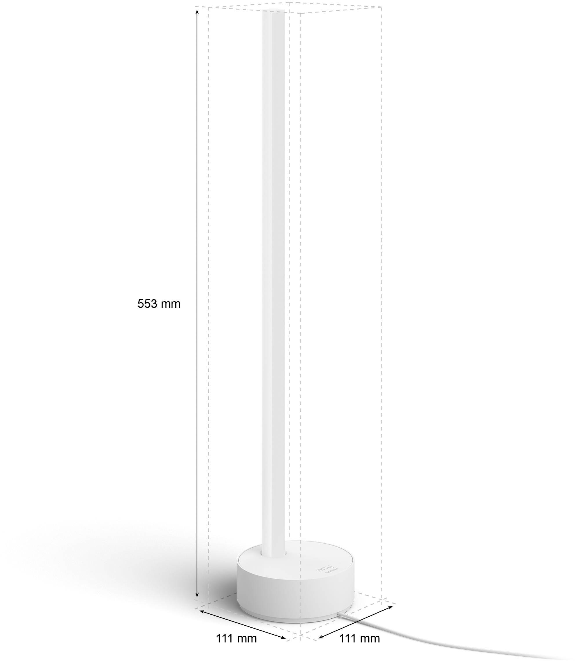 Bílá stolní lampa s válcovým podstavcem, vysoká 553 mm a široká 111 mm. Kabel vede ze spodní části. Minimalistický design.