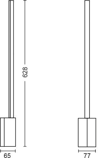 Nákres dvou vertikálních čar se čtvercovými základnami; jedna čára je široká 65 mm, druhá 77 mm; výška 628 mm.