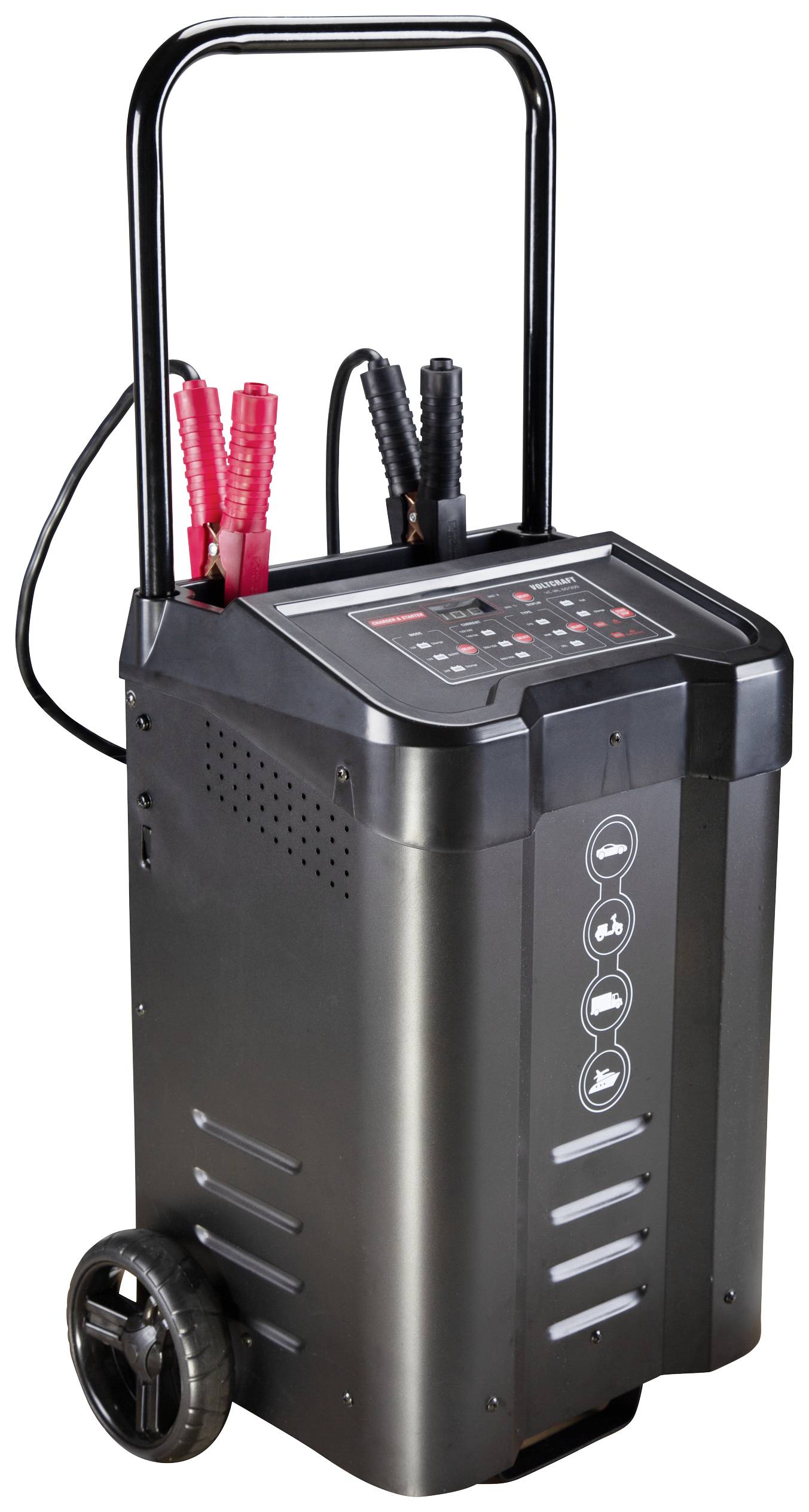 Přenosná nabíječka baterií na kolečkách s odolným krytem a ovládacími prvky nahoře, určená pro snadnou přepravu a použití.