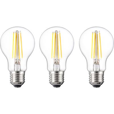 Tři čiré LED žárovky se žlutými vlákny, rovnoměrně umístěné vedle sebe. Každá žárovka vykazuje klasický design žárovky.