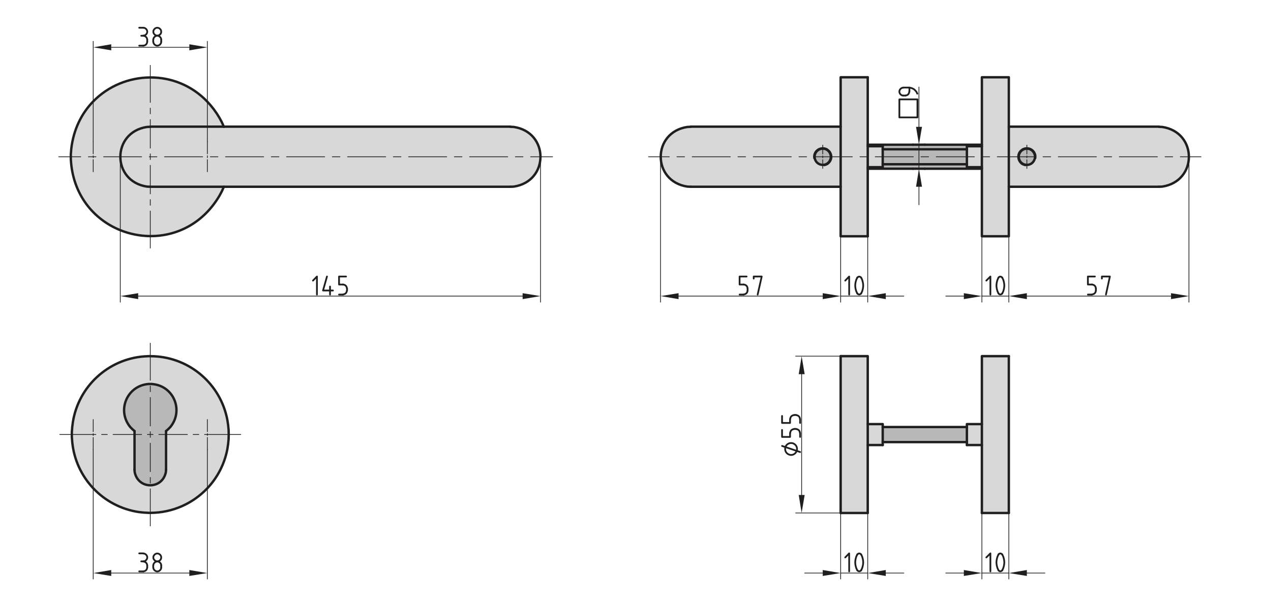 Technický výkres kliky dveří s rozměry: délka 145 mm, průměr 38 mm, celková výška 55 mm. Zobrazuje boční a pohled shora.