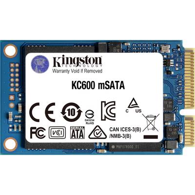 Miniaturní mSATA SSD od společnosti Kingston, model KC600, s etiketou a certifikačními symboly.