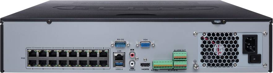 Zadní strana počítačového serveru s několika ethernetovými porty, VGA konektory, USB porty a větrací mřížkou na pravé straně.
