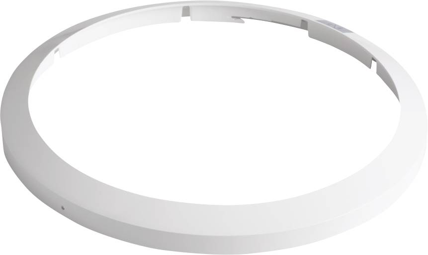 Kulatý, bílý plastový kroužek, pravidelně tvarovaný, bez viditelných ozdob nebo nápisů.