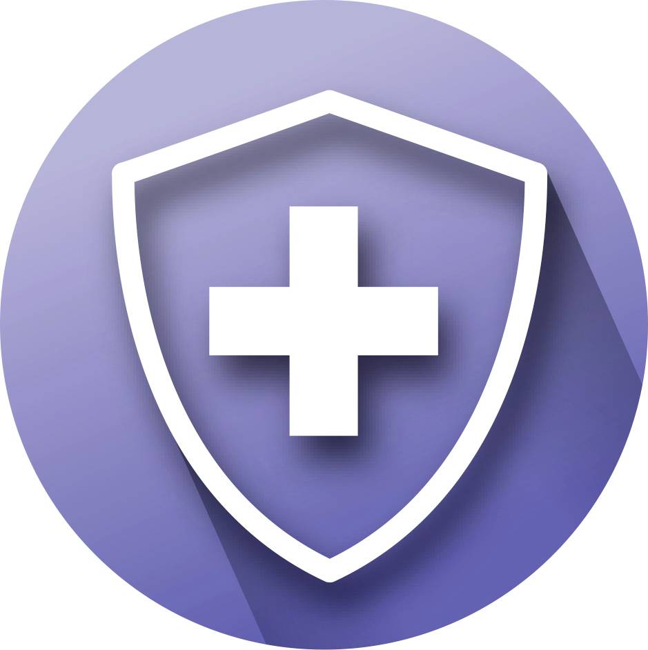 Modrý štítový symbol s bílým křížem uprostřed, který představuje ochranu nebo zdraví.