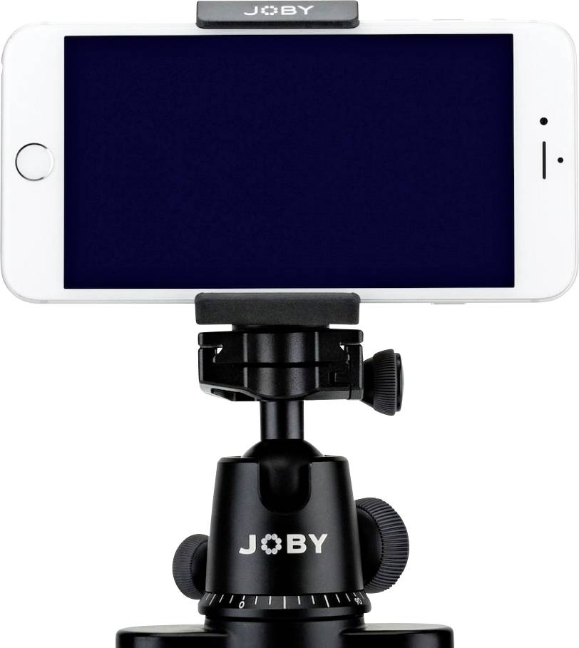 Mobilní telefon je umístěn na šířku na černém stativu od společnosti Joby, připravený na focení nebo natáčení videa.