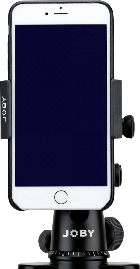 Mobilní telefon v černém držáku značky Joby, který je upevněn na otočném podstavci. Displej je vypnutý.