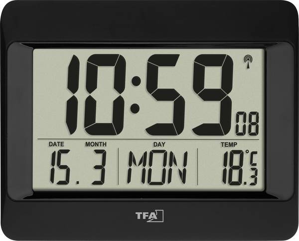 TFA Dostmann 60.4519.01 DCF nástěnné hodiny 21.5 cm x 2.6 cm x 16 cm , černá, velký displej