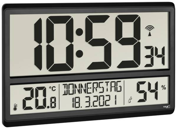 TFA Dostmann 60.4520.01 DCF nástěnné hodiny 36 cm x 2.8 cm x 23.5 cm , černá, velký displej