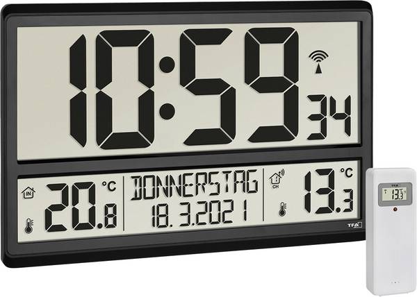TFA Dostmann 60.4521.01 DCF nástěnné hodiny 36 cm x 2.8 cm x 23.5 cm , černá, velký displej