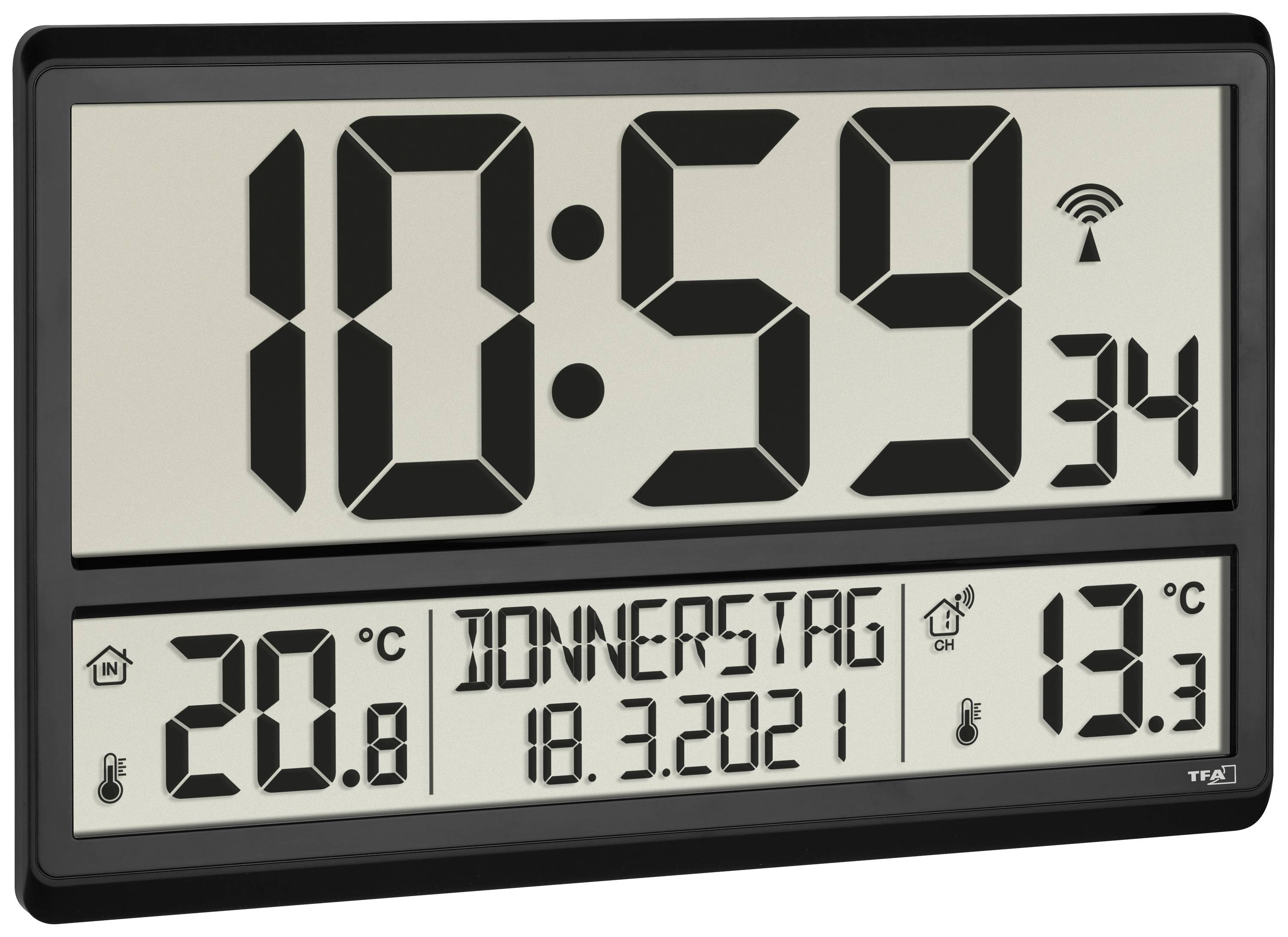 Digitální hodiny ukazují '10:59', den 'čtvrtek', datum '18.3.2021', teplota 20,8°C uvnitř a 19,3°C venku.