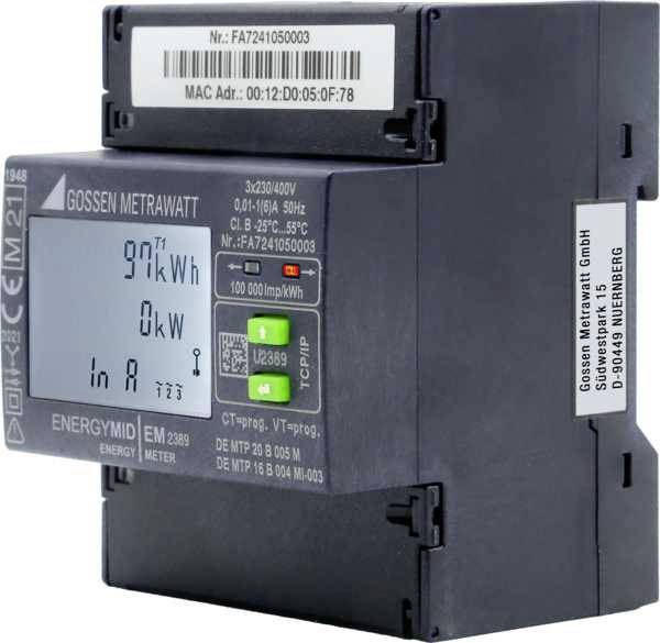 Elektroměr, zobrazuje spotřebu v kWh a další měřené hodnoty. Informace výrobce: Gossen Metrawatt GmbH, Norimberk.
