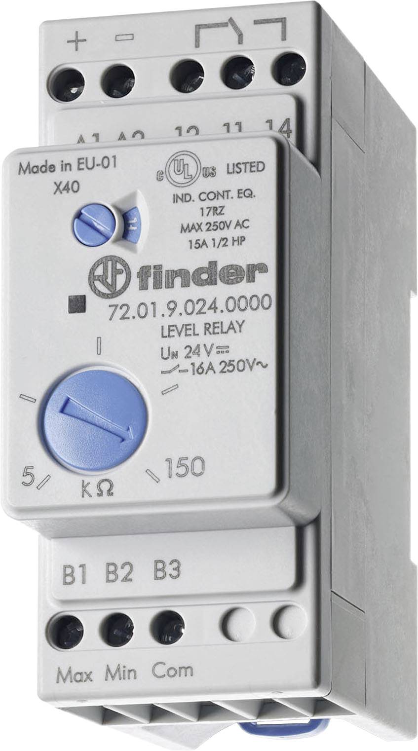 Šedomodrý relé Finder, model 72.01.9.024.0000. Má nastavovací knoflíky pro napětí a odpor. Vyrobeno v EU.