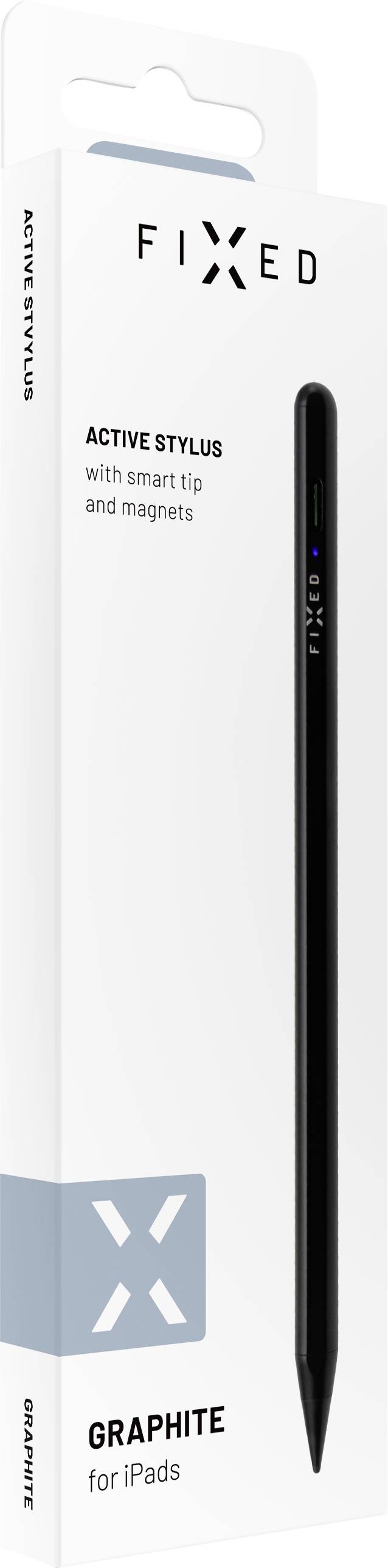 Obal černého stylového pera pro iPady s nápisem 'Fixed'. Obsahuje detaily o technologii a kompatibilitě s iPady.