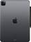 Tablet pohledem zezadu, tmavě šedý s černým perem po straně a logem jablka uprostřed.