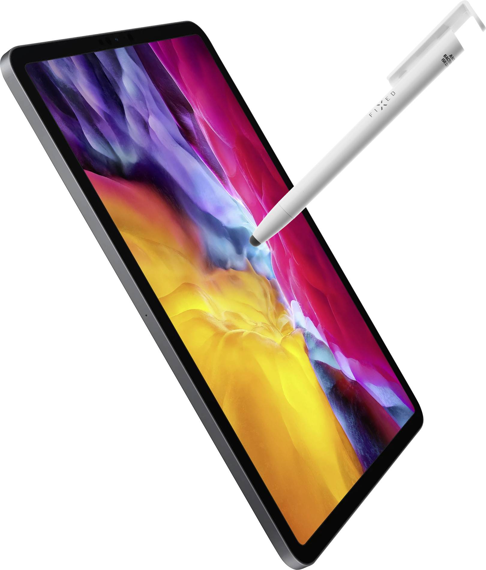 Tablet s osvětleným displejem zobrazuje barevnou obrazovku, vedle něj visí bílé pero, které míří na obrazovku.