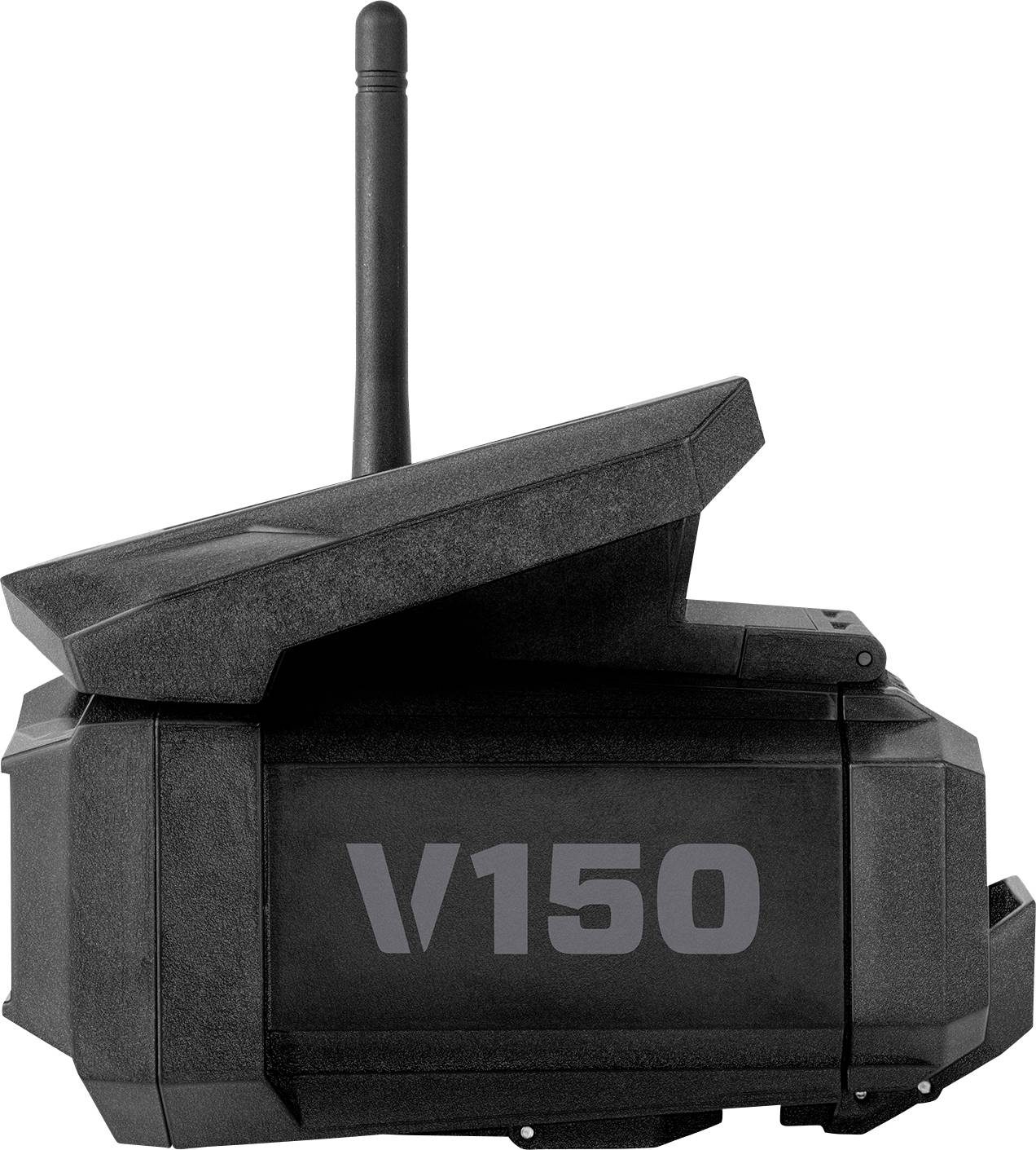 Bezpečnostní kamera s označením "V150", tmavé tělo, anténa nahoře, vhodná pro venkovní bezpečnostní dohled.