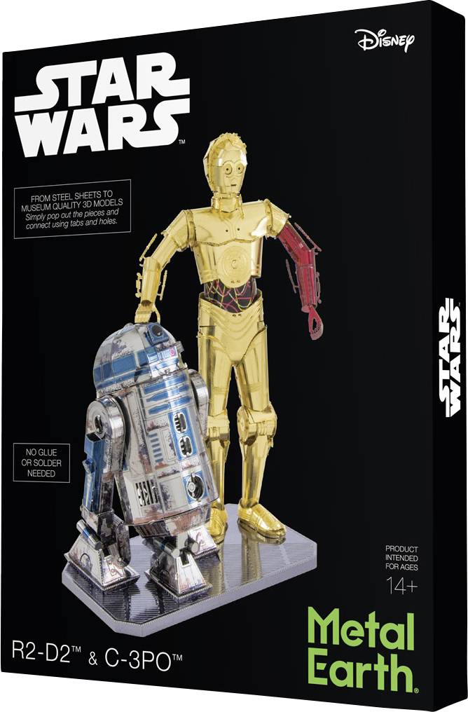 Kovový model stavebnice 'Star Wars' s R2-D2 a C-3PO. Balení zobrazuje hotové figurky na průhledném podstavci. Vhodné pro osoby starší 14 let.