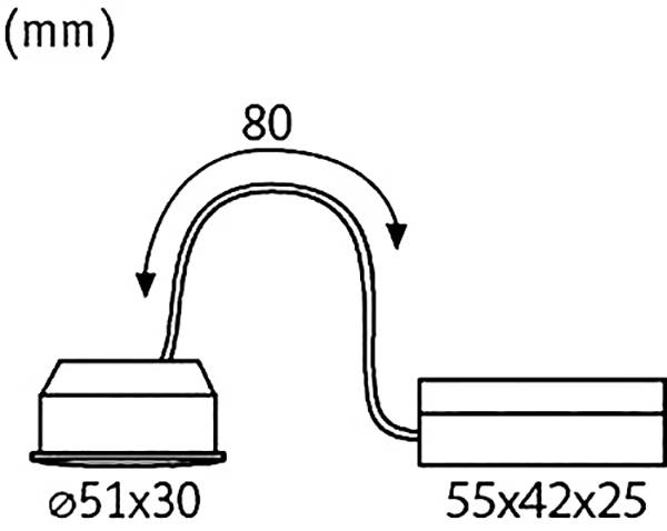 Diagram zobrazuje dvě geometrické tvary propojené zakřivenou linií. Rozměry: Ø51x30 mm vlevo, 55x42x25 mm vpravo, vzdálenost 80 mm.