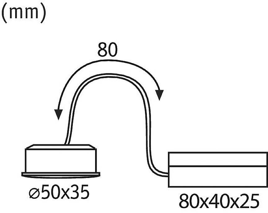 Technický výkres kabelu s rozměry: Ø50x35 mm válcovitý, připojený k 80x40x25 mm obdélníkovému, délka 80 mm.