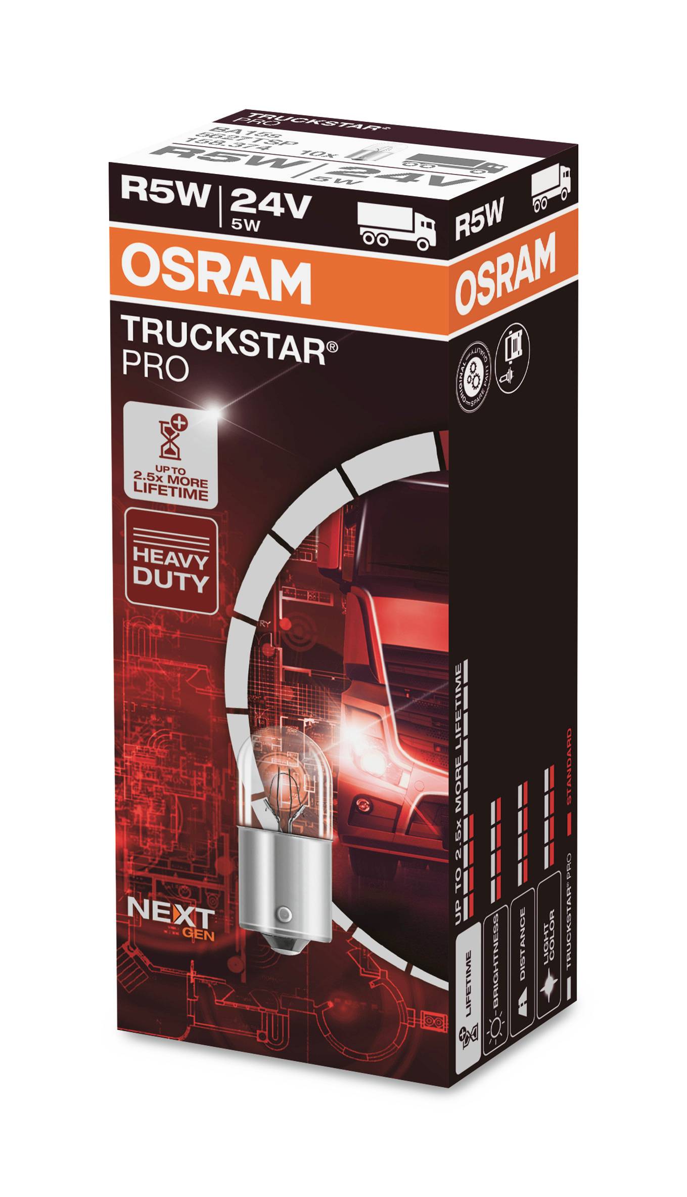 Obal žárovky OSRAM Truckstar Pro, R5W, 24V. Obrázek nákladního vozu a žárovky, text: "Extrémní zátěž", "2x delší životnost"