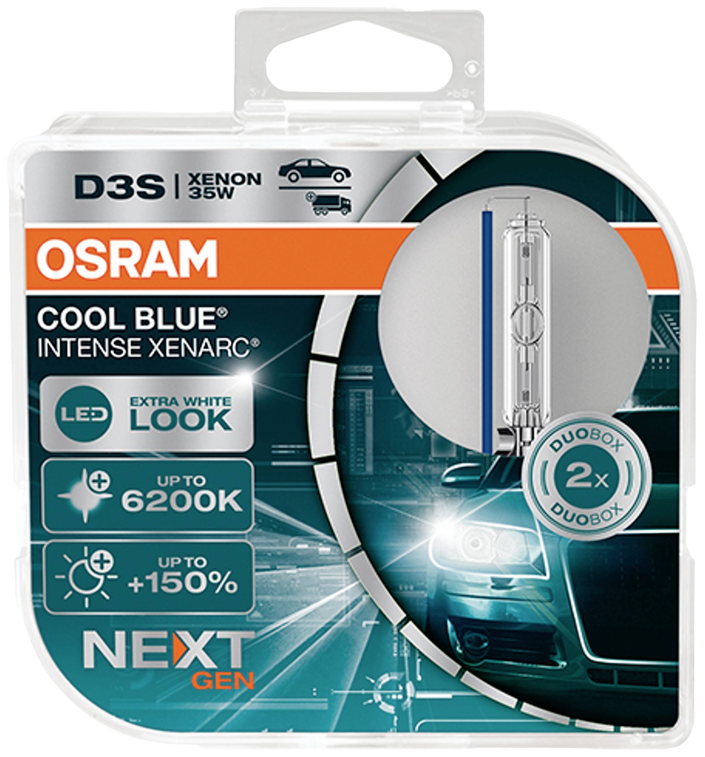 Balení OSRAM Xenarc Cool Blue Intense D3S autožárovky, 35W. LED technologie, až 6200K, až o 150% více světla, duo-box.
