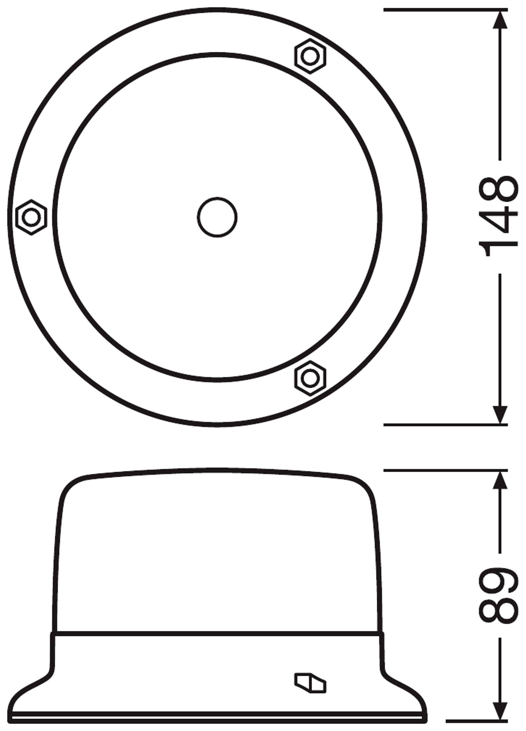 Kresba ukazuje kulatý, plochý kryt se šroubem uprostřed. Rozměry jsou 148 mm v průměru a 89 mm na výšku.