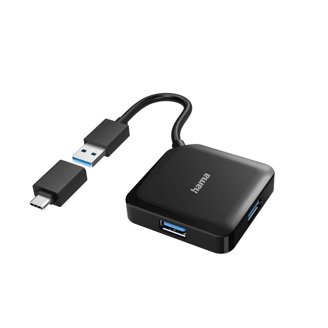 Černý USB hub značky Hama s třemi USB porty. K němu je připojen kabel s konektorem USB-C.