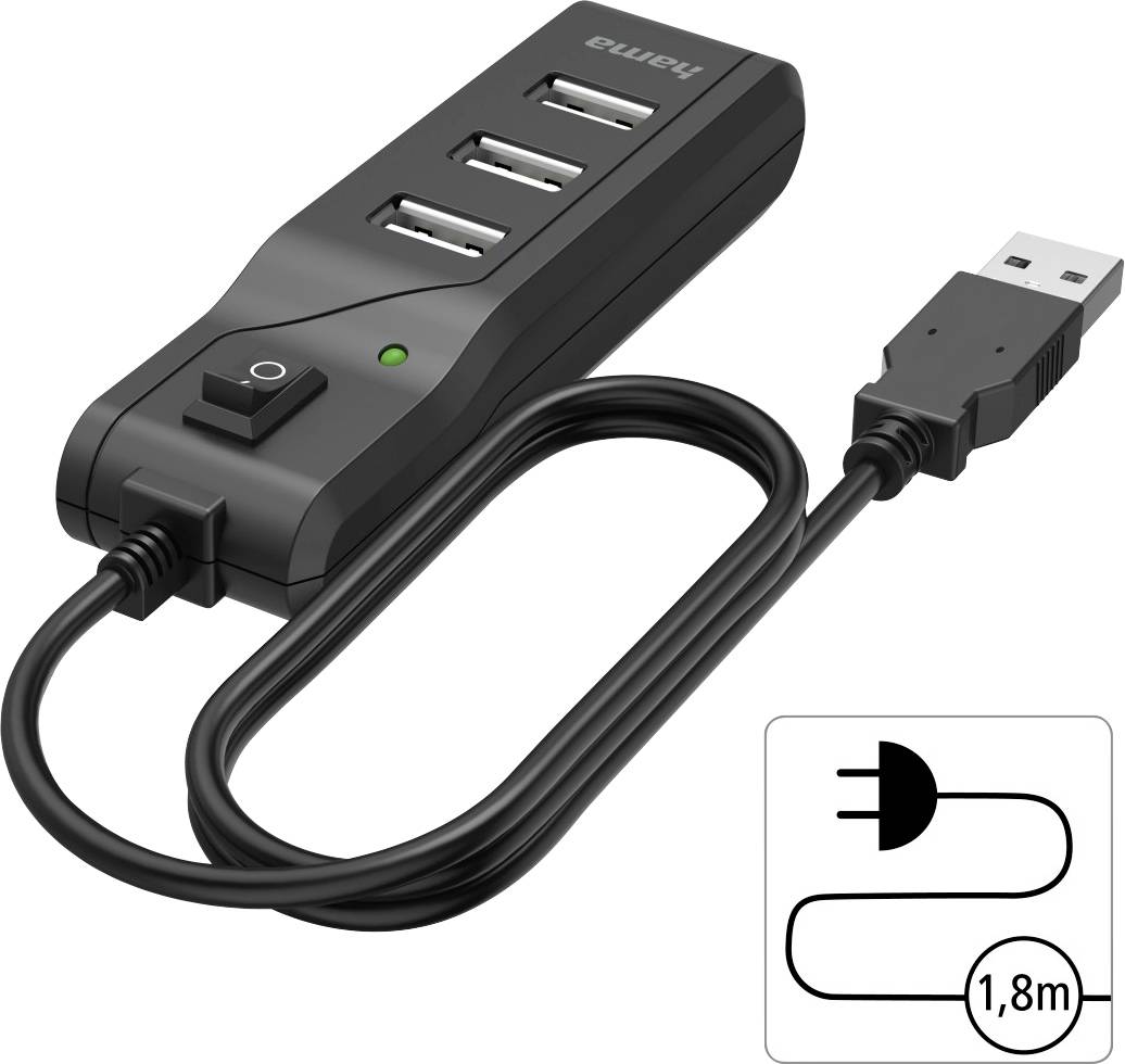 USB hub se čtyřmi porty a síťovým vypínačem. Černý design, LED indikátor a 1,8 m dlouhý kabel. Značka viditelná nahoře.