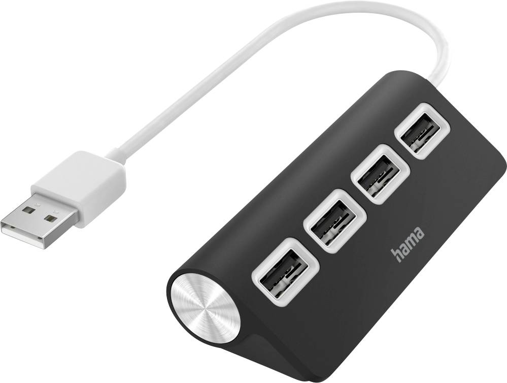 Černý USB hub se čtyřmi USB porty a USB kabelem; vhodný pro připojení několika zařízení k jednomu počítači.