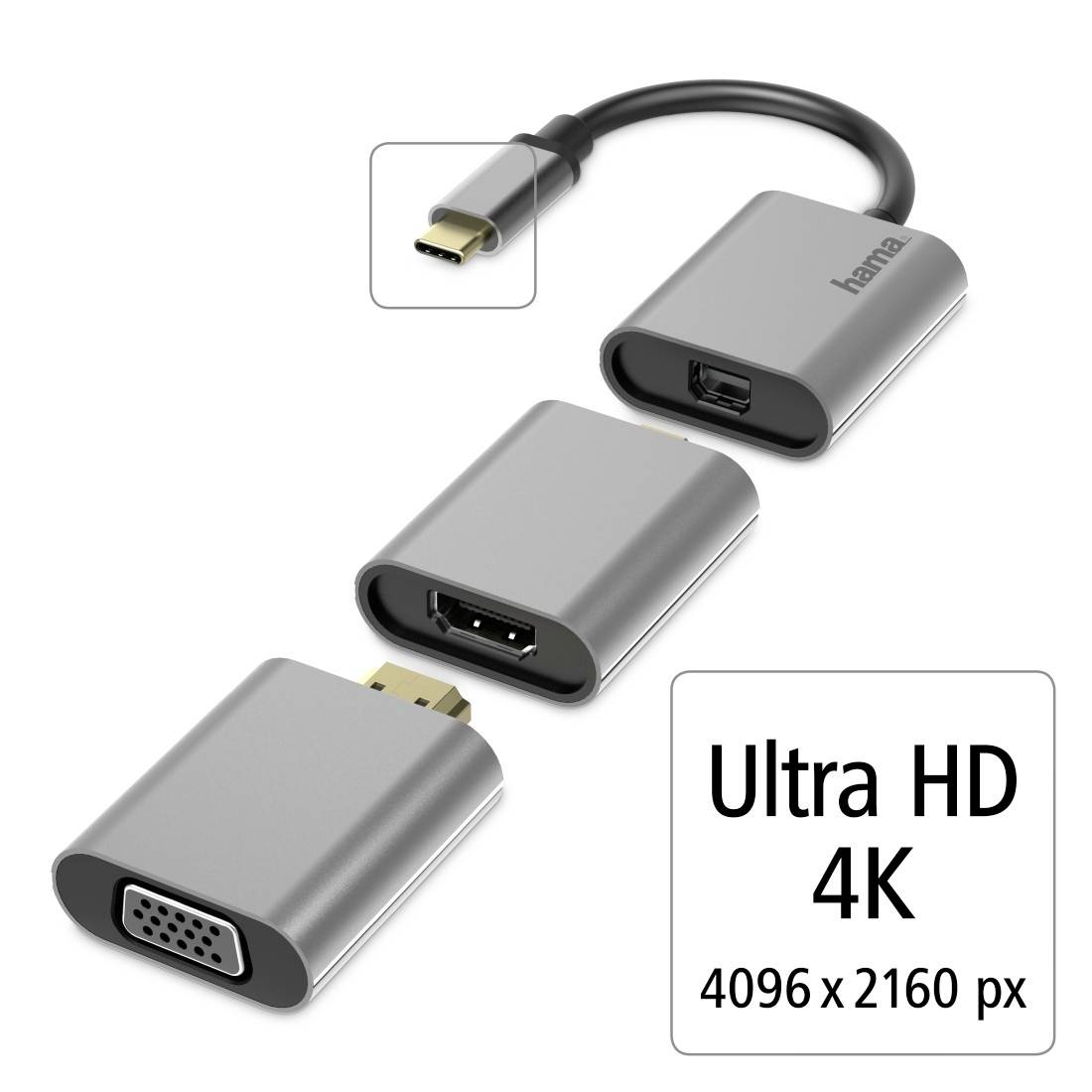 Adaptér-Kit: Tři adaptéry s USB-C na VGA, HDMI a DisplayPort umožňují připojení zařízení s ultravysokým rozlišením 4K.