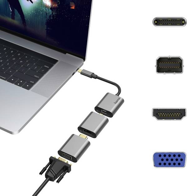Hama 00200306 USB-C® / Mini-DisplayPort  / HDMI / VGA adaptér [1x USB-C® zástrčka - 1x mini DisplaPort zásuvka, HDMI zásuvka, VGA zásuvka] šedá pozlacené kontakty