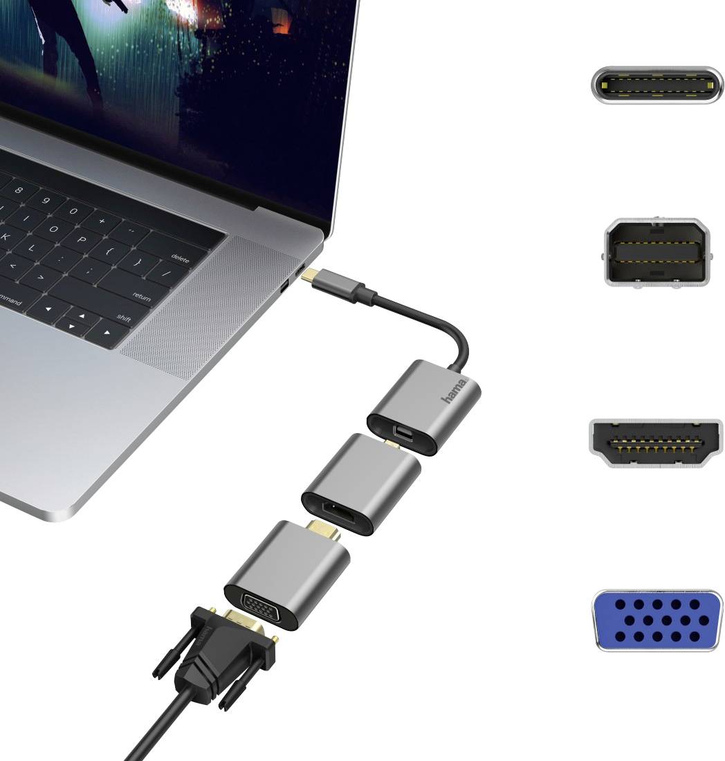 Notebook připojené k různým adaptérovým portům: USB-C, HDMI, VGA a ethernetové konektory. Obrázek znázorňuje funkčnost adaptérů.