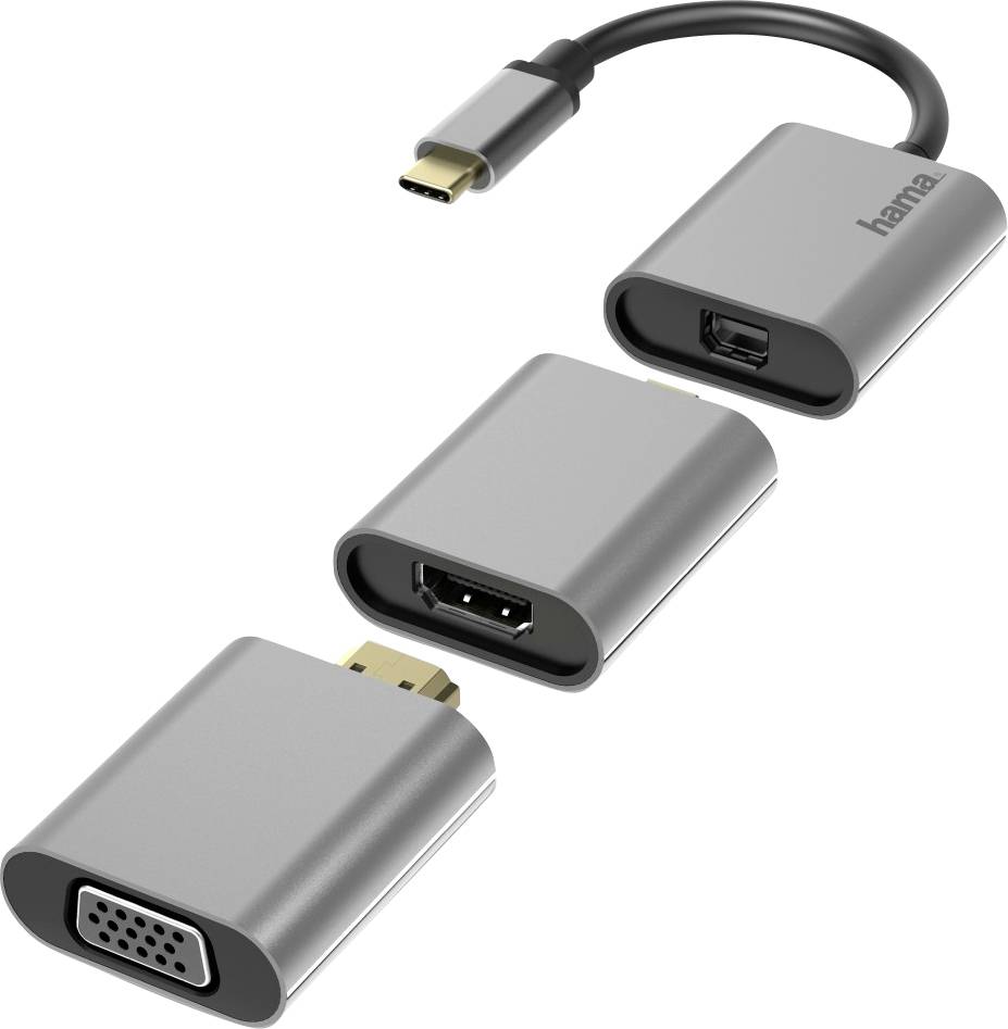 USB-C adaptér se třemi různými porty: HDMI, VGA a dalším portem. Pro připojení zařízení k obrazovkám.