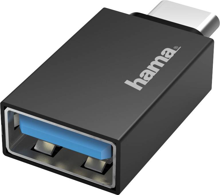 Černý USB-C adaptér s modrým USB-A portem značky Hama.