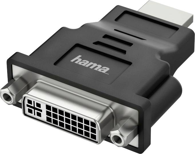 Adaptér s HDMI konektorem na DVI zásuvku, černý s logem 'hama'. Propojuje zařízení kompatibilní s HDMI s DVI monitory.