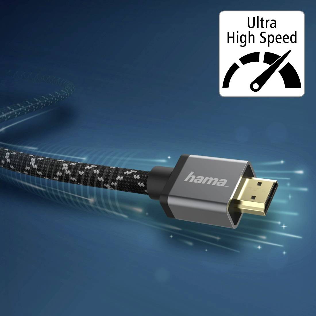 Vysokorychlostní HDMI kabel s tkaným vzorem, vhodný pro Ultra High Speed, s označením rychlostního symbolu vpravo nahoře.