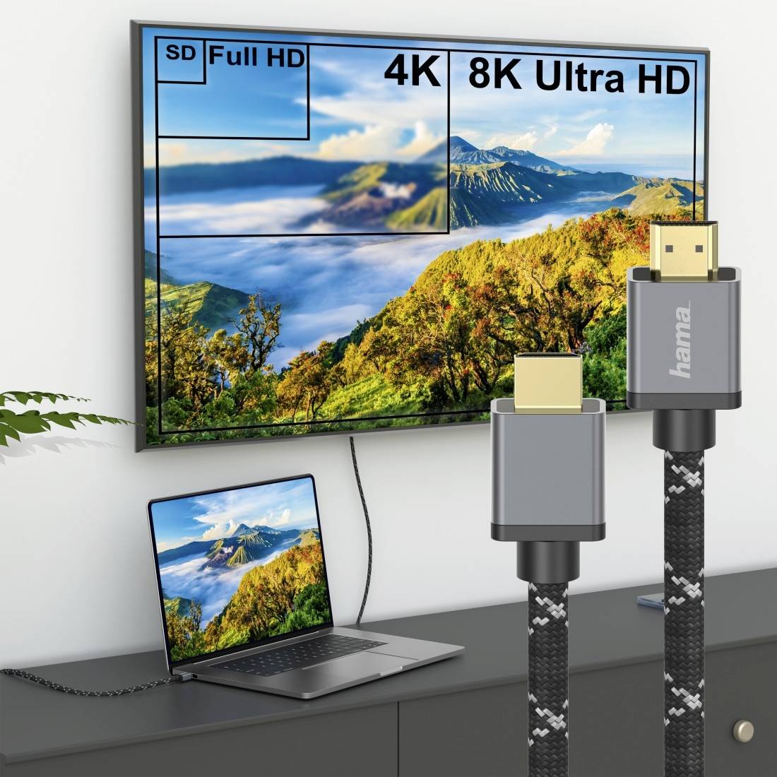Notebook zobrazuje krajinu na obrazovce. HDMI kabel propojuje notebook s velkým televizorem a ukazuje srovnání: 4K vs. 8K Ultra HD.