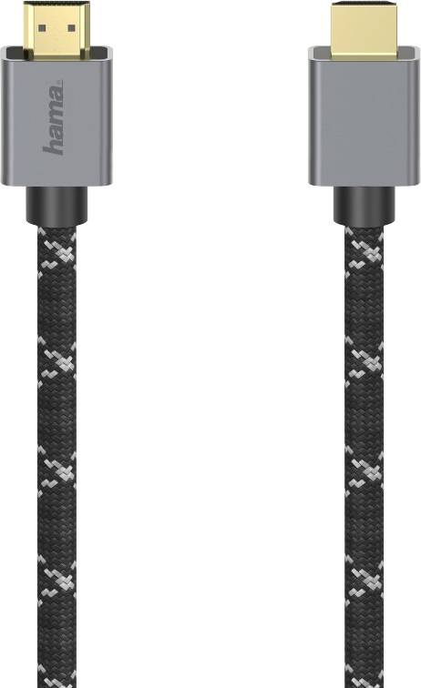 Obrázek černého HDMI kabelu s kovovými konektory, označený logem 'hama'. Kabel je opletený pro zvýšenou odolnost.